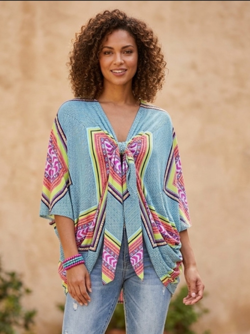 Mara Hoffman Light Blue Multicolor Draped Tie-Front Tunic